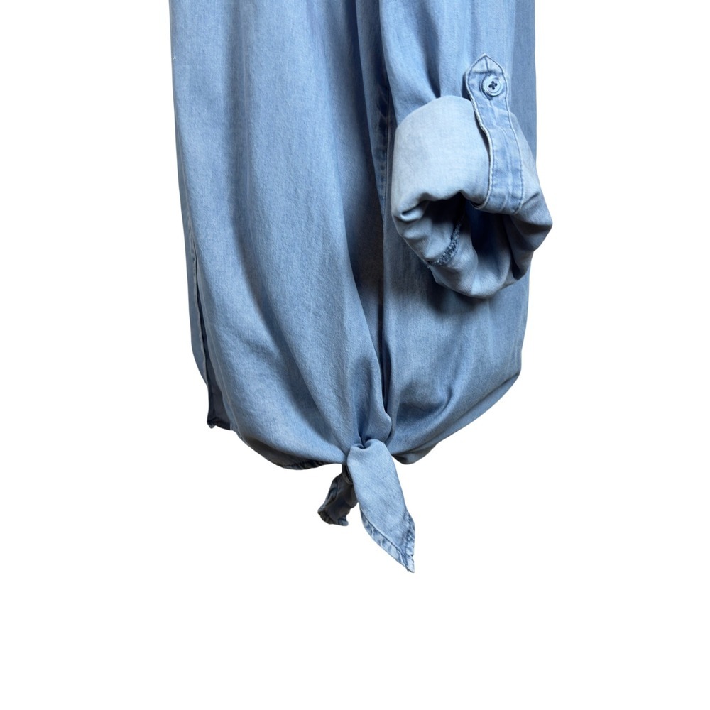 Zac Rachel Chambray Tunic Top L Button Front Roll Tab Sleeve Lyocell Lagenlook - Picture 2 of 10